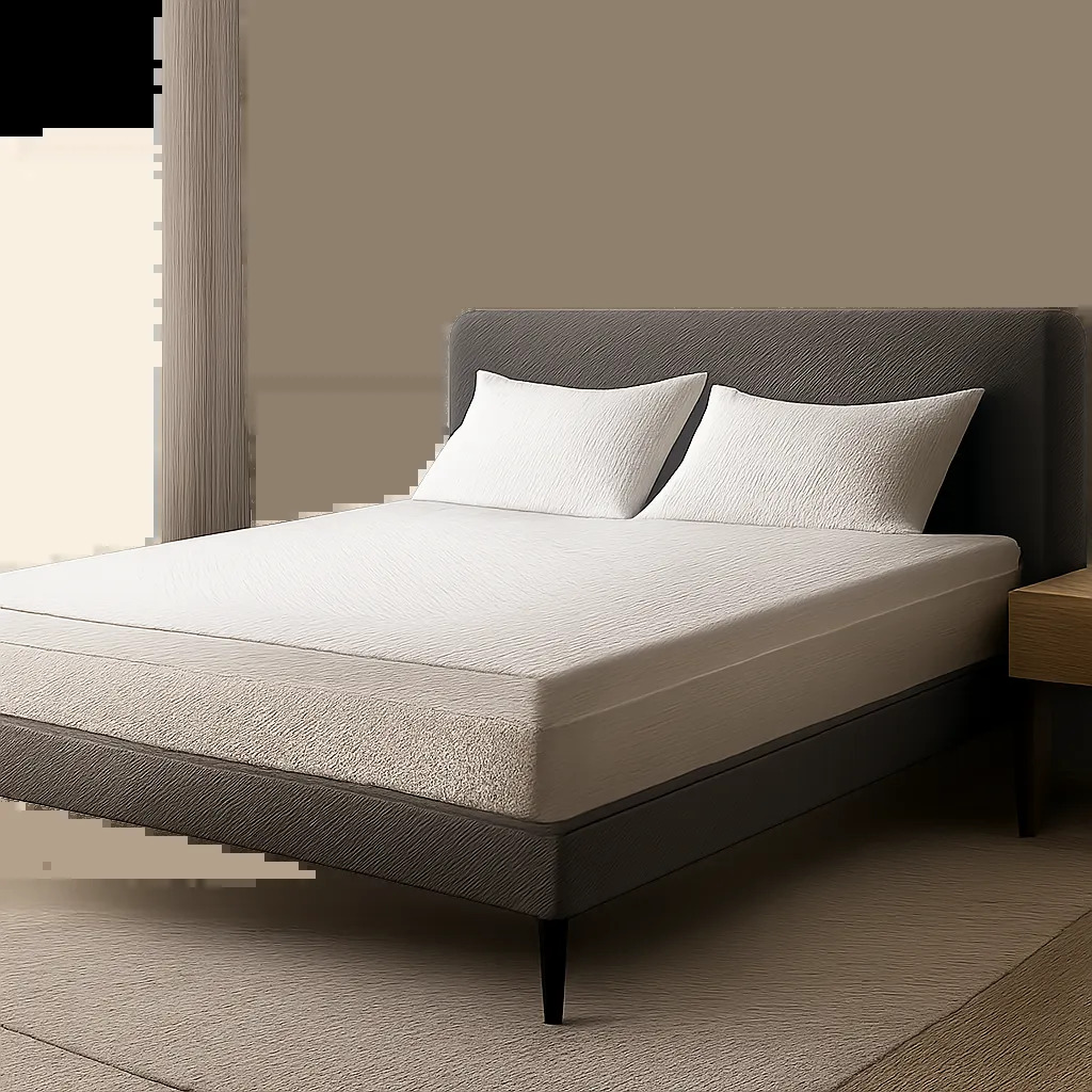 Visuel d’un matelas en latex premium dans une chambre moderne et apaisante. L’image évoque le soutien dynamique, la respirabilité et le confort tempéré recherchés pour un meilleur sommeil.