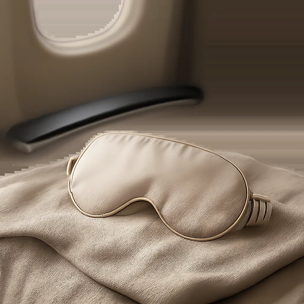 Illustration d’un masque de sommeil en soie dans un univers voyage et repos, avec une ambiance douce et premium. L’image évoque le confort, l’occultation et la détente en déplacement.